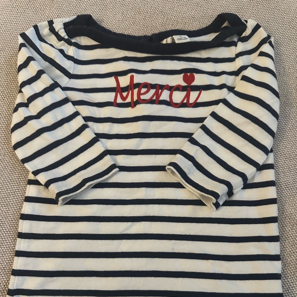 Janie and Jack stripe white and blue tee with word “Merci”, perfect condition 2T
